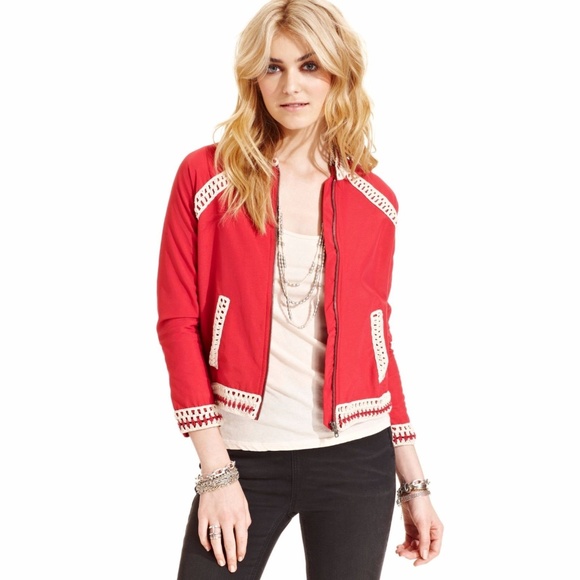 Free People Jackets & Blazers - FREE PEOPLE Crochet Red Baseball Jacket NEW!
